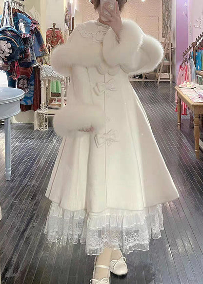 Boutique Beige Bow Cape And Long Coats Woolen Two Pieces Set Winter