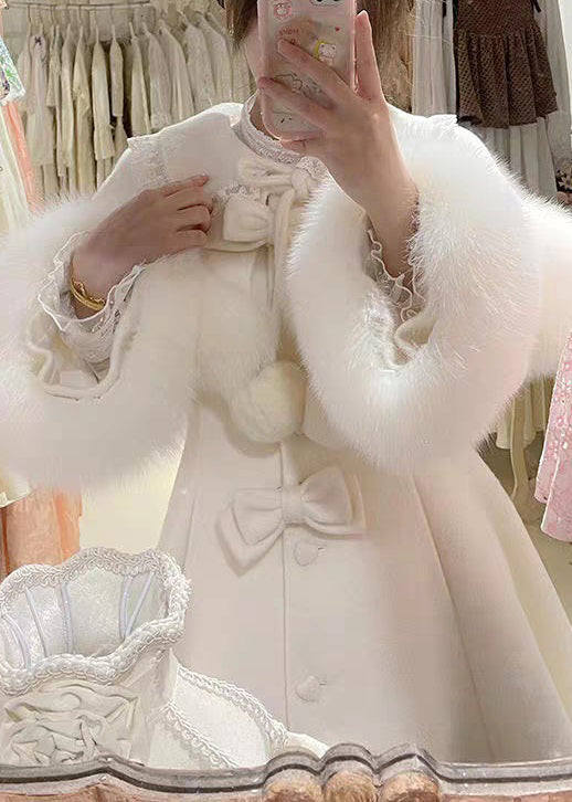 Boutique Beige Bow Cape And Long Coats Woolen Two Pieces Set Winter