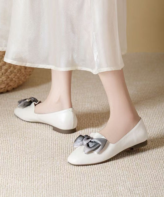 Boutique Beige Cowhide Leather Flat Shoes Splicing Bow