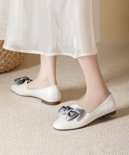 Boutique Beige Cowhide Leather Flat Shoes Splicing Bow