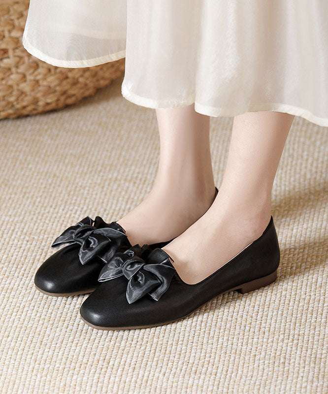 Boutique Beige Cowhide Leather Flat Shoes Splicing Bow