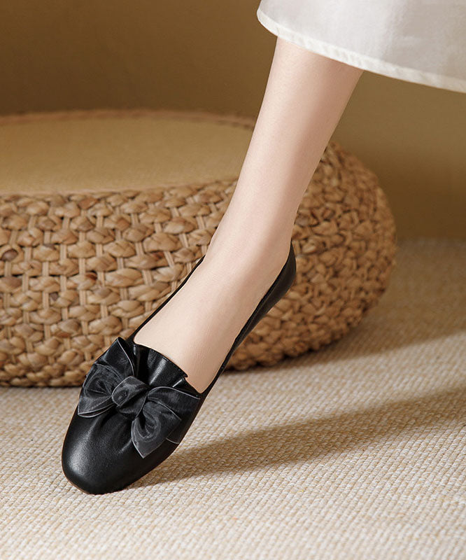 Boutique Beige Cowhide Leather Flat Shoes Splicing Bow