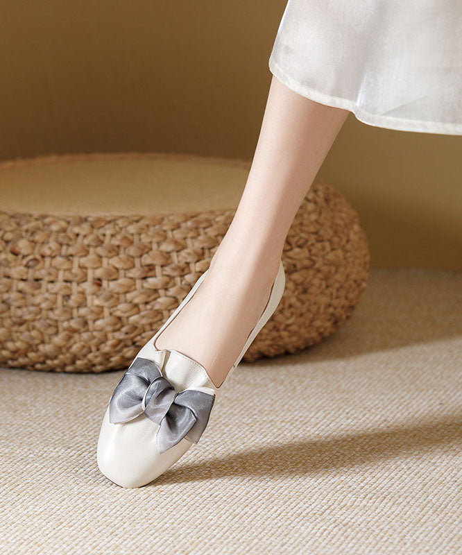 Boutique Beige Cowhide Leather Flat Shoes Splicing Bow