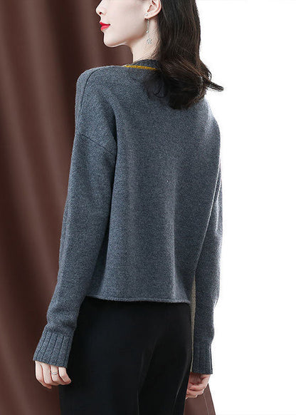 Boutique Beige Grey Asymmetrical Patchwork Chunky Oversized Knit Pullover Winter