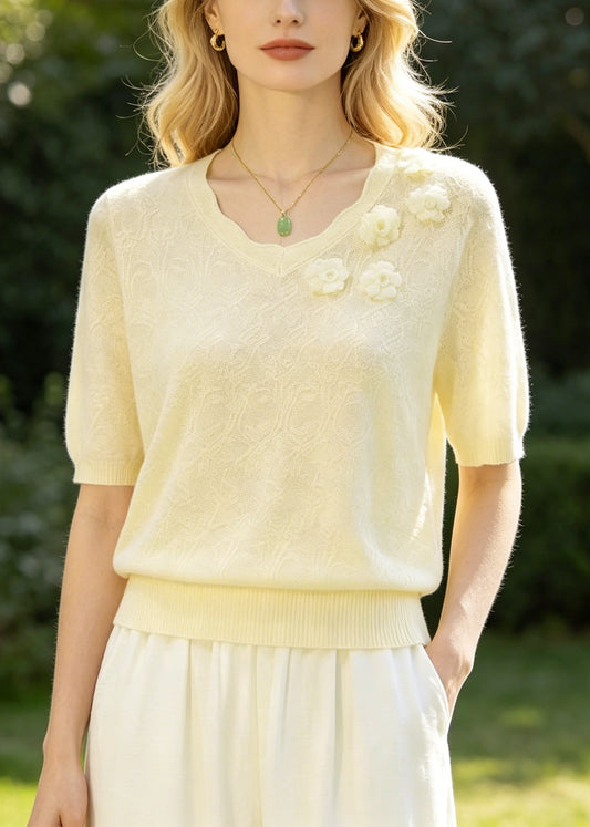 Boutique Beige Jacquard Handmade Floral Knit Shirt Top Summer