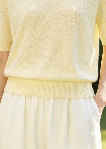 Boutique Beige Jacquard Handmade Floral Knit Shirt Top Summer