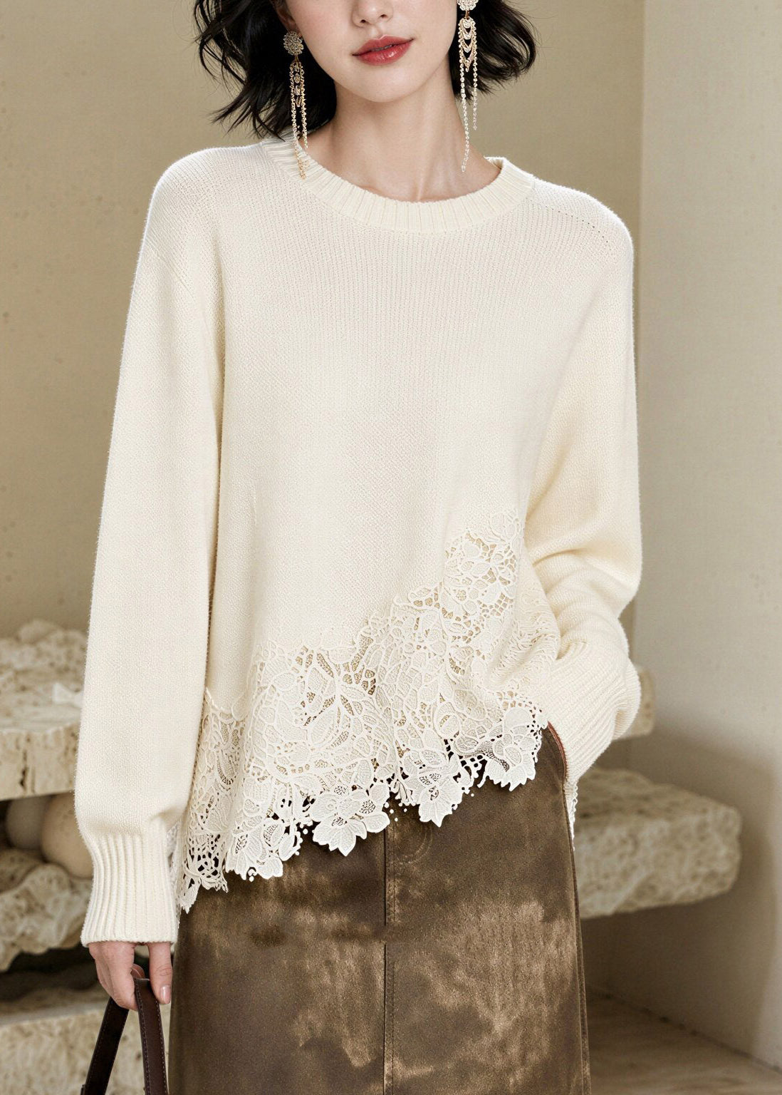Boutique Beige O-Neck Cotton Knit Sweater Tops Long Sleeve