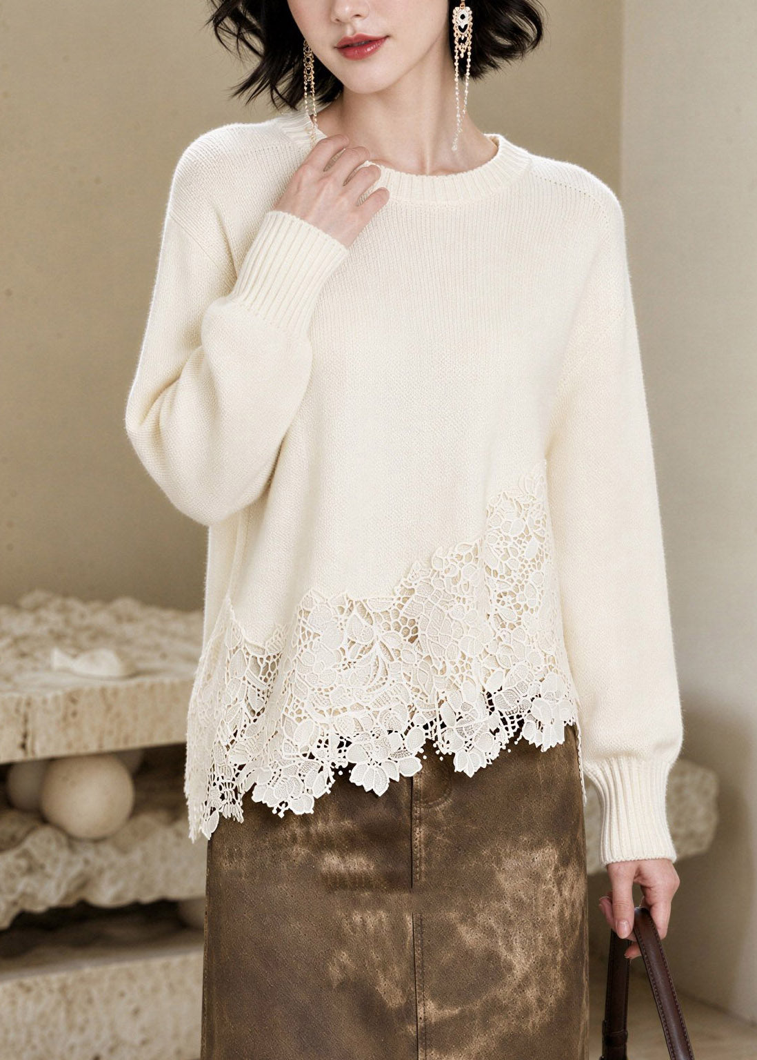 Boutique Beige O-Neck Cotton Knit Sweater Tops Long Sleeve