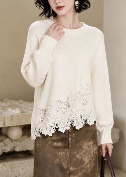 Boutique Beige O-Neck Cotton Knit Sweater Tops Long Sleeve