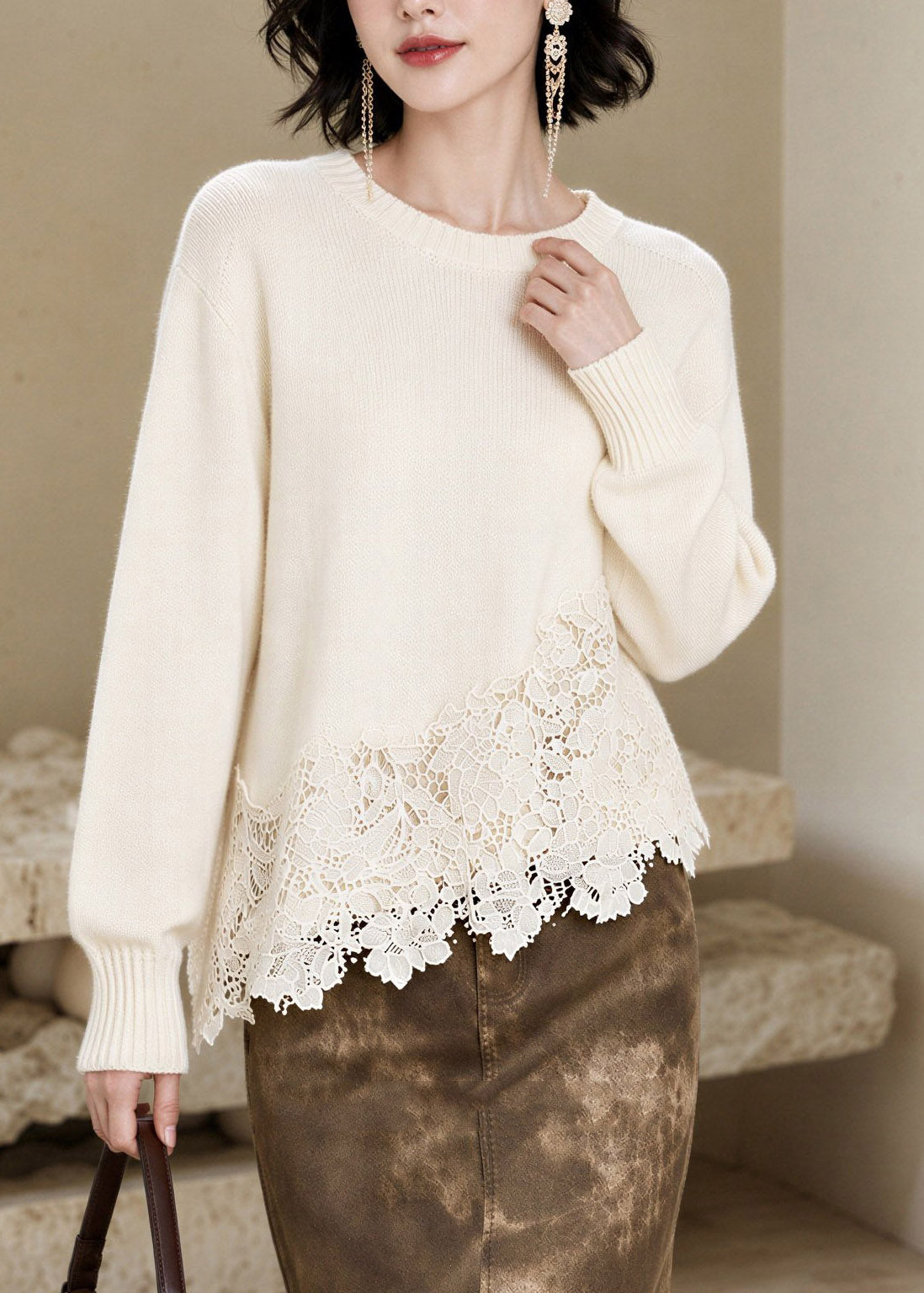 Boutique Beige O-Neck Cotton Knit Sweater Tops Long Sleeve