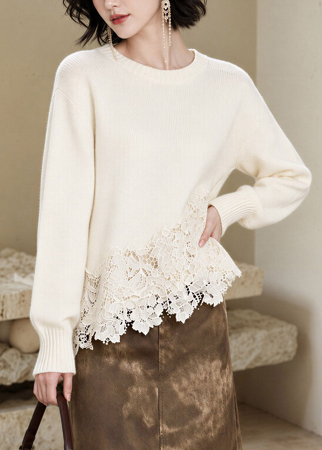Boutique Beige O-Neck Cotton Knit Sweater Tops Long Sleeve
