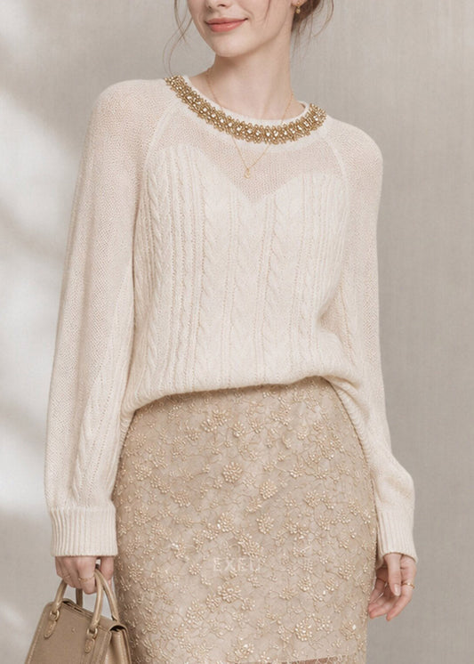 Boutique Beige O-Neck Nail Bead Cotton Knit Sweater Tops Fall