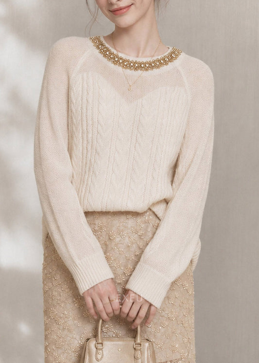 Boutique Beige O-Neck Nail Bead Cotton Knit Sweater Tops Fall