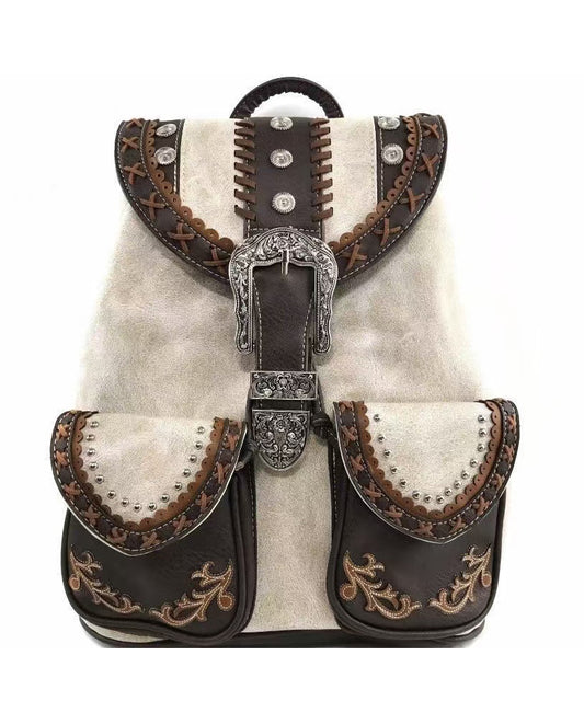 Boutique Beige Rivet Patchwork Faux Leather Backpack Bag