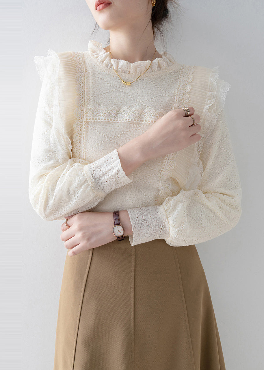 Boutique Beige Ruffled Patchwork Lace Top Spring