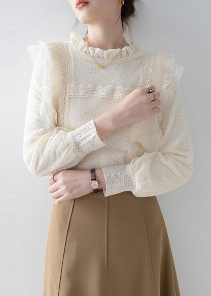 Boutique Beige Ruffled Patchwork Lace Top Spring