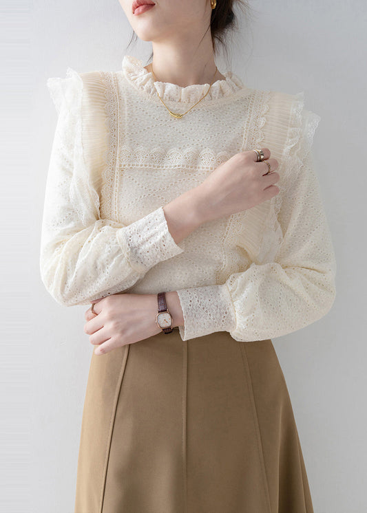 Boutique Beige Ruffled Patchwork Lace Top Spring