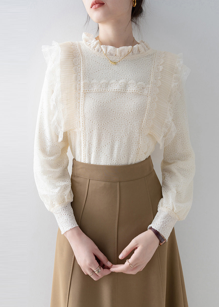Boutique Beige Ruffled Patchwork Lace Top Spring