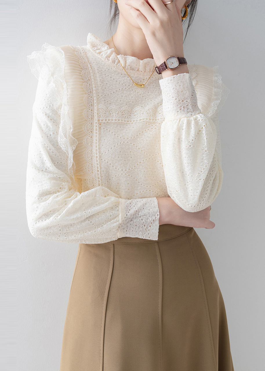 Boutique Beige Ruffled Patchwork Lace Top Spring