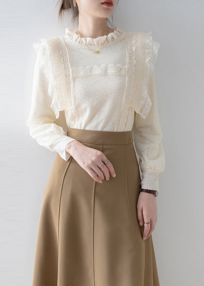 Boutique Beige Ruffled Patchwork Lace Top Spring