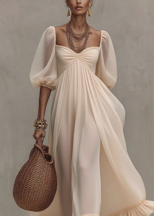 Boutique Beige Ruffled Puff Sleeve Patchwork Chiffon Dresses
