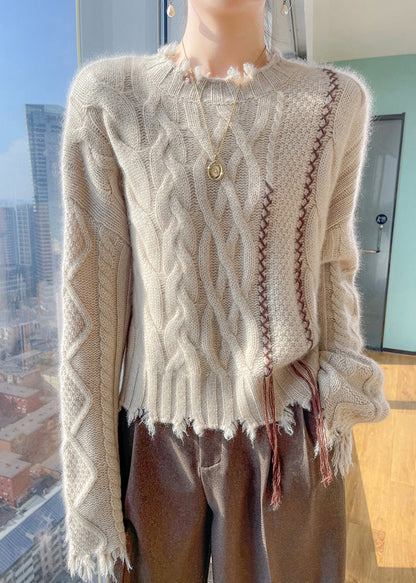 Boutique Beige Stand Collar Cotton Knit Sweater Tops Spring