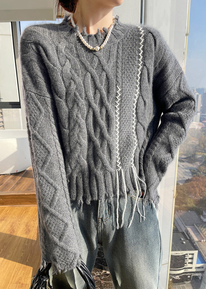 Boutique Beige Stand Collar Cotton Knit Sweater Tops Spring