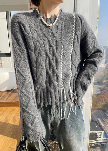 Boutique Beige Stand Collar Cotton Knit Sweater Tops Spring