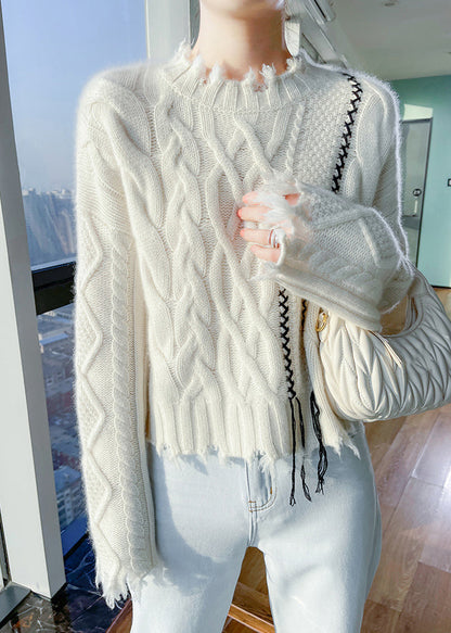 Boutique Beige Stand Collar Cotton Knit Sweater Tops Spring