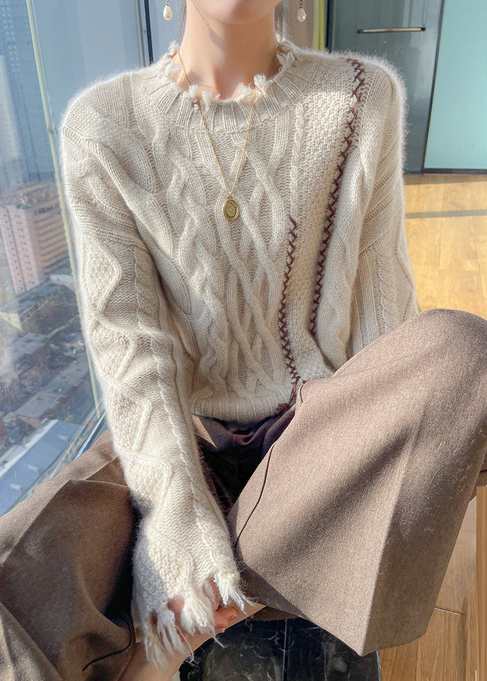 Boutique Beige Stand Collar Cotton Knit Sweater Tops Spring