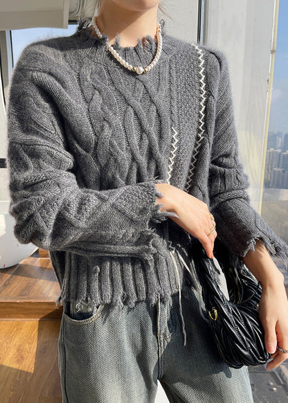 Boutique Beige Stand Collar Cotton Knit Sweater Tops Spring