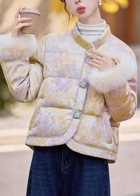 Boutique Beige Stand Collar Fur Patchwork Duck Down Jacket Winter