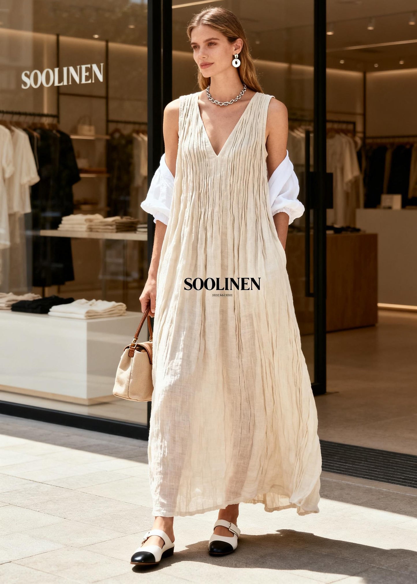 Boutique Beige V Neck Wrinkled Cotton Long Dresses Sleeveless