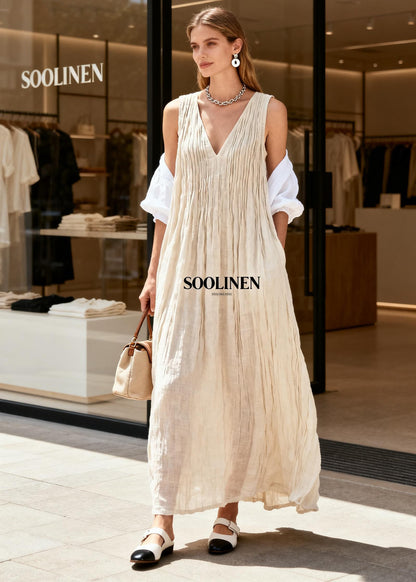 Boutique Beige V Neck Wrinkled Cotton Long Dresses Sleeveless