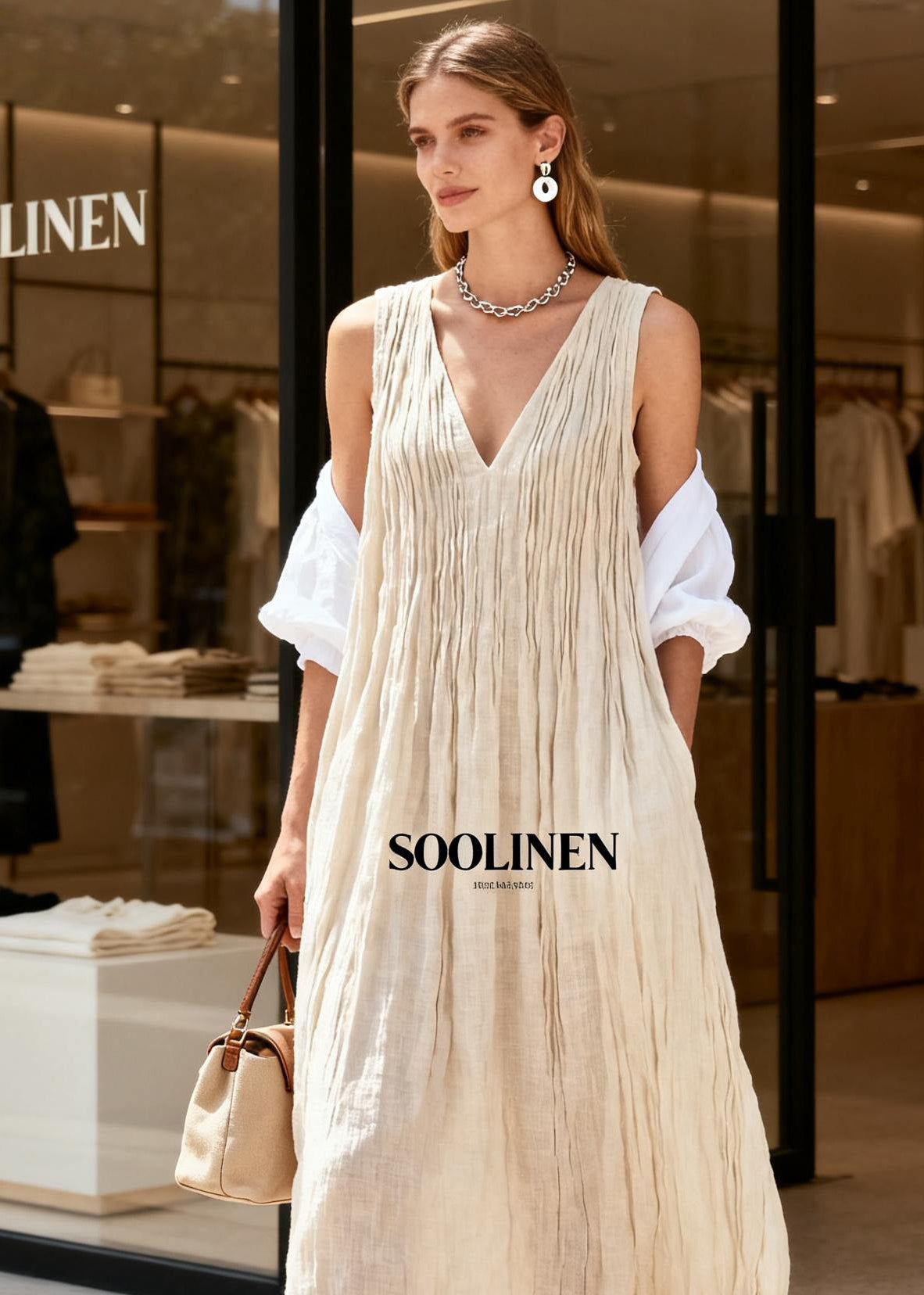 Boutique Beige V Neck Wrinkled Cotton Long Dresses Sleeveless