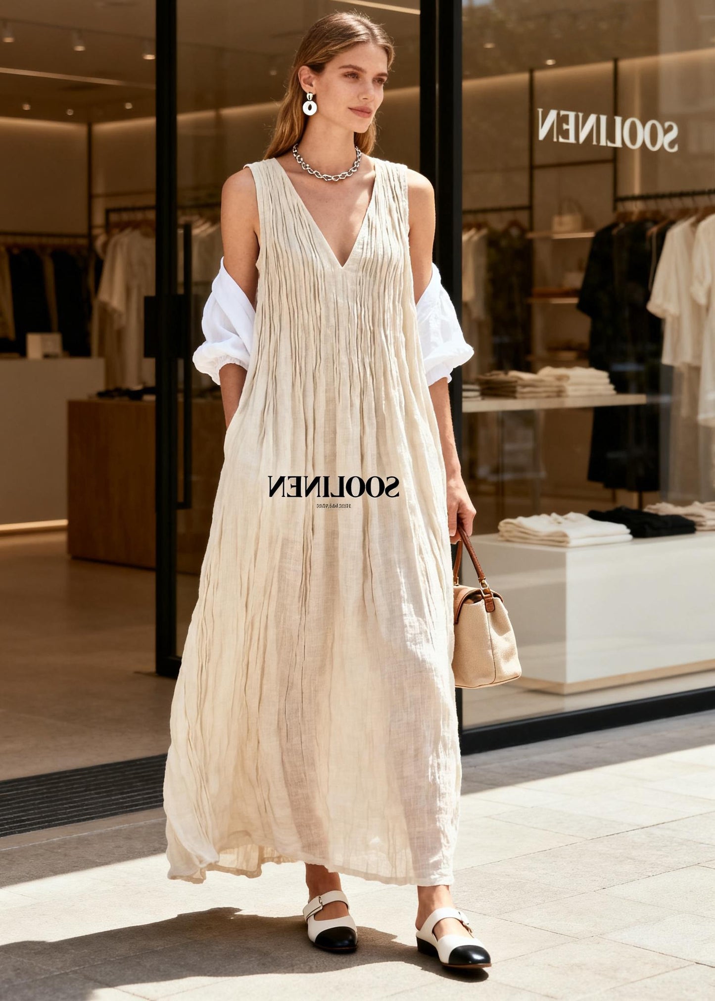 Boutique Beige V Neck Wrinkled Cotton Long Dresses Sleeveless
