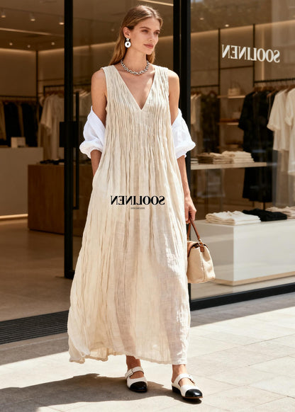 Boutique Beige V Neck Wrinkled Cotton Long Dresses Sleeveless