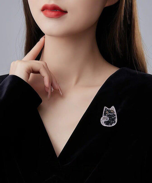 Boutique Black Alloy Crystal Zircon Cat Brooches