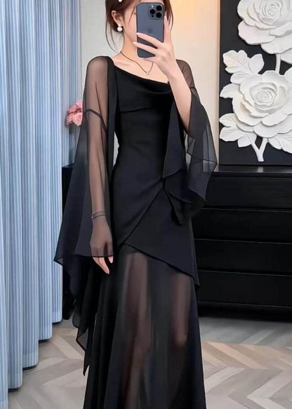 Boutique Black Asymmetrical Design Chiffon Two Pieces Set Summer