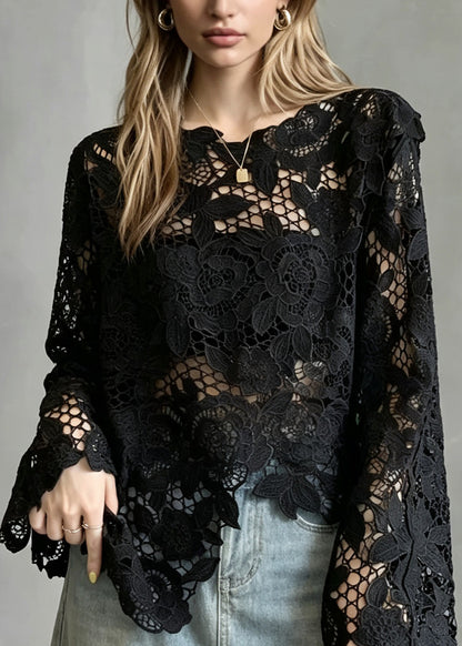 Boutique Black Asymmetrical Hollow Out Lace Shirt Tops Fall