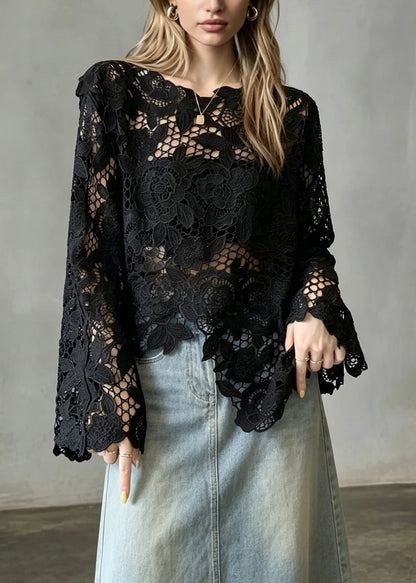 Boutique Black Asymmetrical Hollow Out Lace Shirt Tops Fall