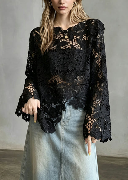 Boutique Black Asymmetrical Hollow Out Lace Shirt Tops Fall
