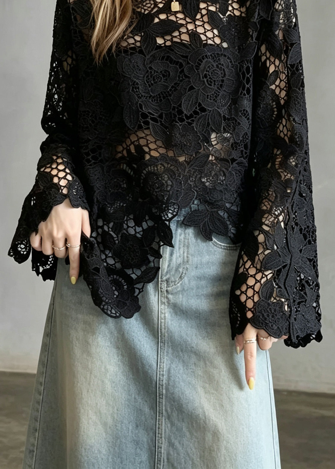 Boutique Black Asymmetrical Hollow Out Lace Shirt Tops Fall