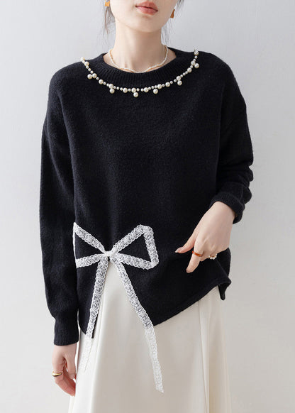 Boutique Black Bow Nail Bead Knit Pullover Winter