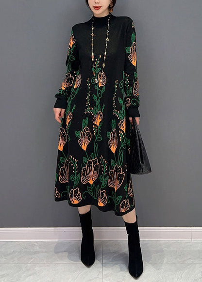Boutique Black Hign Neck Print Knit Dresses Winter