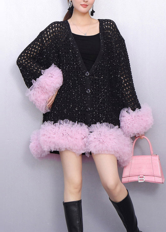 Boutique Black Hollow Out Patchwork Tulle Knit Cardigan Spring