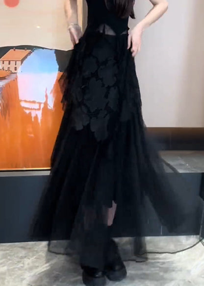 Boutique Black Lace Floral Patchwork Tulle Skirts Summer