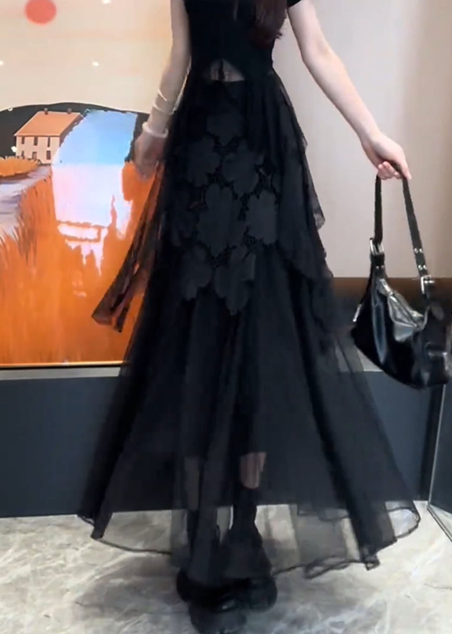 Boutique Black Lace Floral Patchwork Tulle Skirts Summer