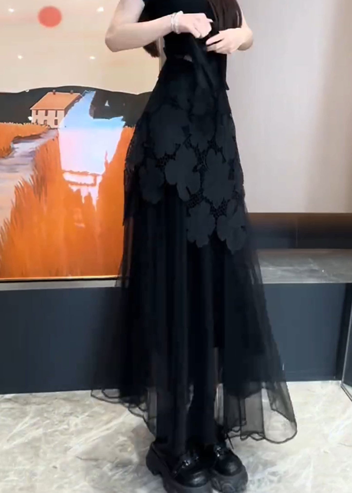 Boutique Black Lace Floral Patchwork Tulle Skirts Summer
