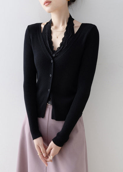 Boutique Black Lace Patchwork False Two Pieces Knitted Tops Spring